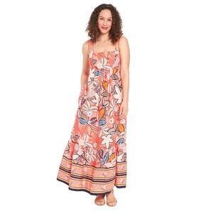 London Times Floral Cotton Maxi Dress Pink Orange Smocked Back Size 12 Boho‎